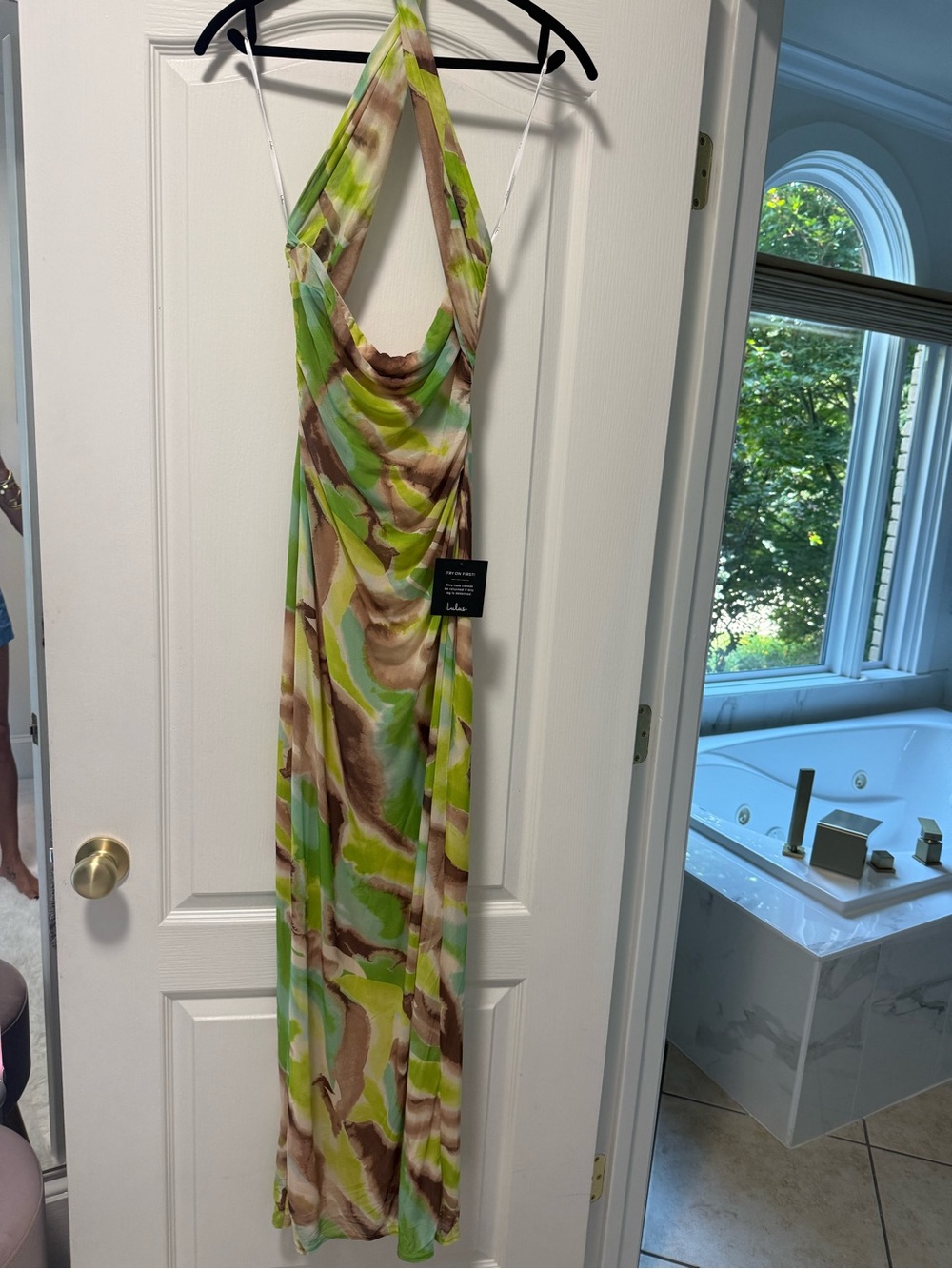 Lulu's Halter Maxi Dress in Lime Green and Brown Abstract Print